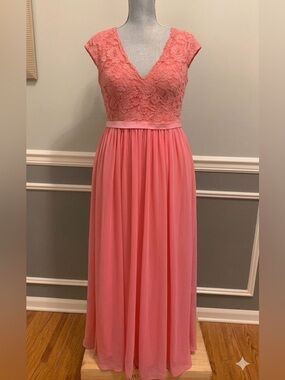 Vintage Gown Size 2X Coral Pink Lace & Chiffon Evening Dress w/ Satin Waistband
